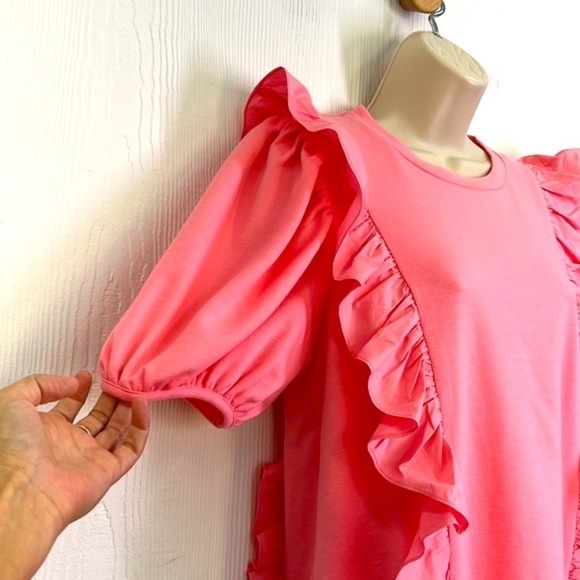 English Factory - Pink Puff Sleeve Ruffle Detail Short Sleeve  Mini Dress Medium - Picture 4 of 12